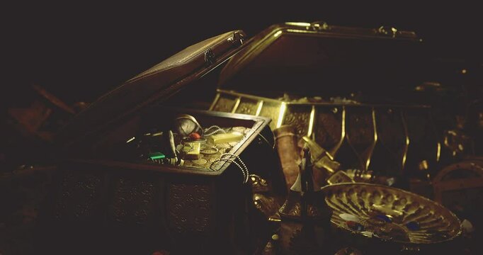 An ornate treasure chest is open, revealing various antique items like jewelry, coins, and tools. The dim lighting adds a mysterious atmosphere, enhancing the allure of the artifacts.