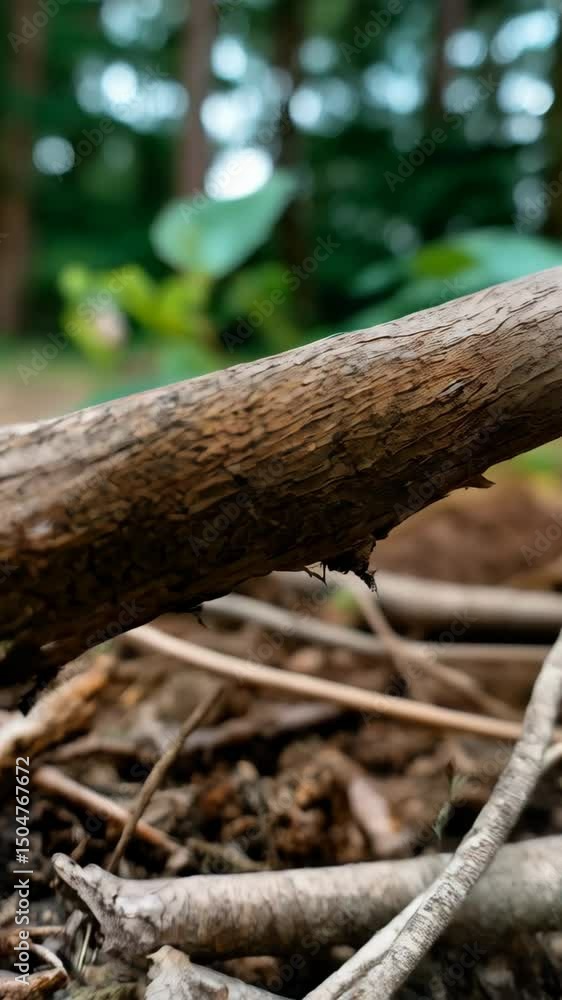 Poster macro image of a tachinid fly resting on a fallen tree branch within a green forest floor environmen