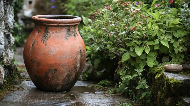 Rustic terracotta pot in garden
