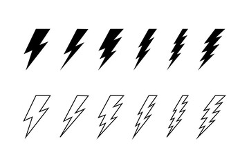 Collection of bolt icons. Thunderbolt silhouettes isolated on white background. Flash light, energy, power or electricity symbols. Blitz, glow, burst or dazzle signs. Vector graphic illustration.