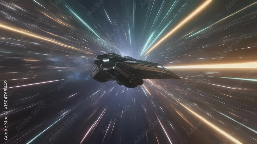 Poster futuristic spaceship navigating through a colorful hyperspace tunnel, approaching a bright light at 