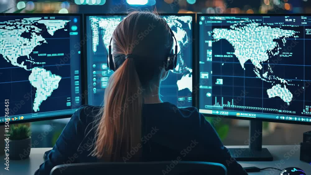 Poster digital vigilance: a determined analyst monitors global data, navigating complex technological inter