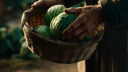 Elderly person carrying a basket full of freshly harvested green cabbages in a rural setting. Close-up of weathered hands and organic vegetables. - Powered by Adobe