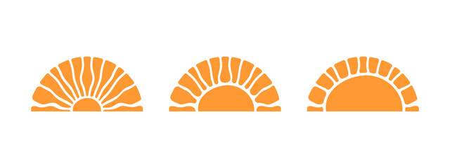 Groovy sun silhouettes. Wavy orange sunny rays in semicircle shape. Sunburst, sunrise or sunset signs. Summer theme modern print. Happy positive vibes concept. Vector flat illustration.