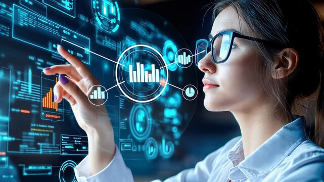 Data Visualization Analyst: A focused analyst navigates complex data on a digital interface. The scene evokes technological precision and insightful analysis.