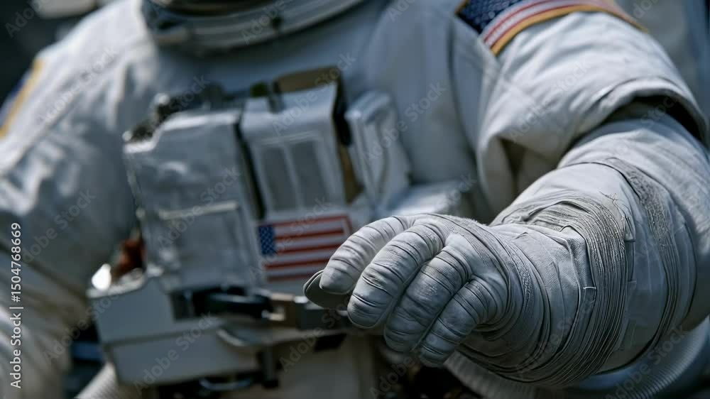 Poster astronaut wearing an american flag patch on their spacesuit extends a gloved hand towards something 