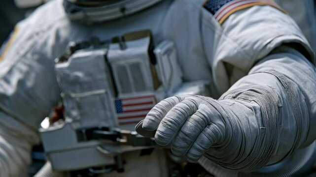 Astronaut wearing an american flag patch on their spacesuit extends a gloved hand towards something offscreen, against the backdrop of the vast expanse of space