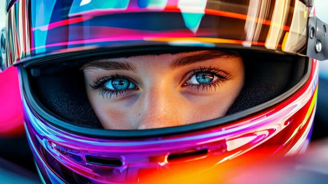 Eyes of a Racer: A captivating close-up of a determined female race car driver with piercing blue eyes, framed by a sleek racing helmet, showcasing focus and determination. 