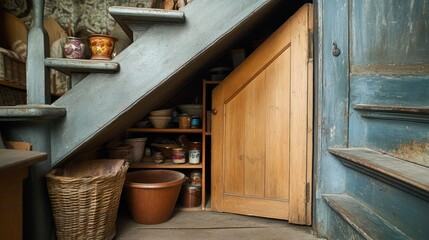 Hidden storage nook under stairs