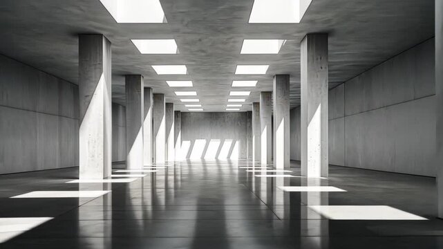 Architectural Light and Shadow: A minimalist modern space. Angular shadows cast across a polished floor, creating an intriguing interplay of light and shadow in a visually captivating scene.