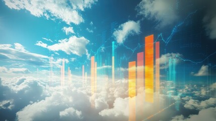 Fototapeta premium Economic forecast, cloudy sky with data charts floating, 3D illustration. 