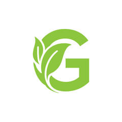 Obraz premium Green letter G with leaves inside it.