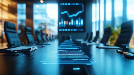 Finance meeting, conference table with floating data, 3D illustration.