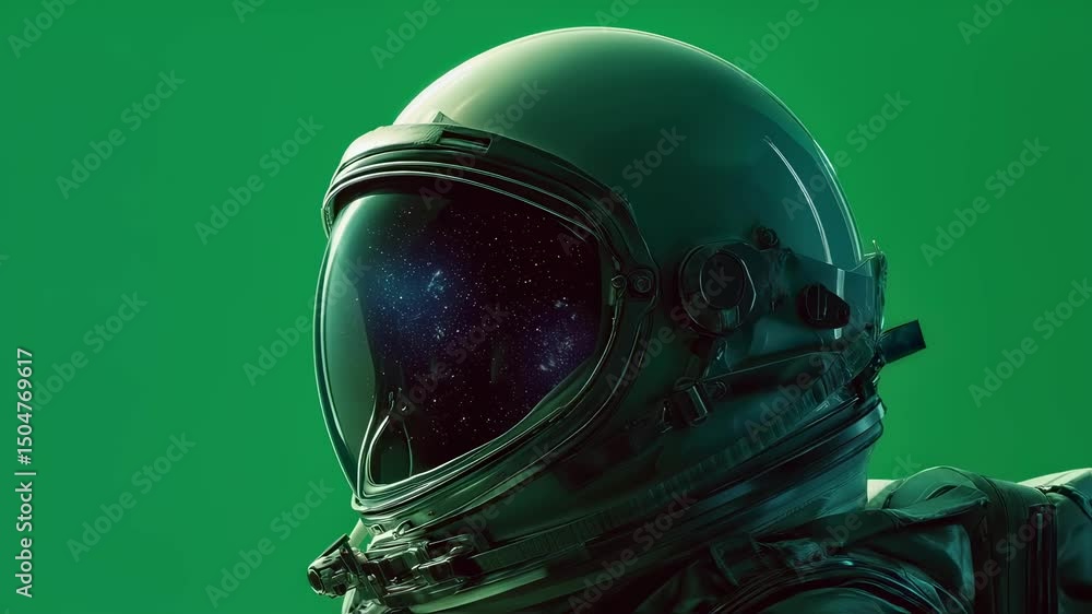 Poster astronaut wearing a spacesuit and helmet with a galaxy reflection stands against a green screen back