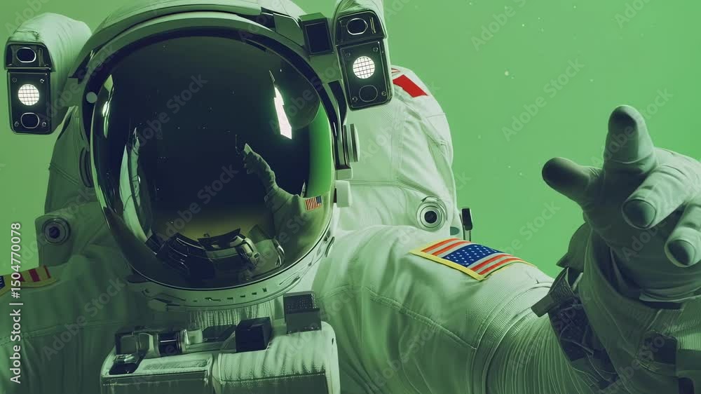 Aufkleber astronaut wearing a spacesuit with an american flag patch takes a selfie with a smartphone and point