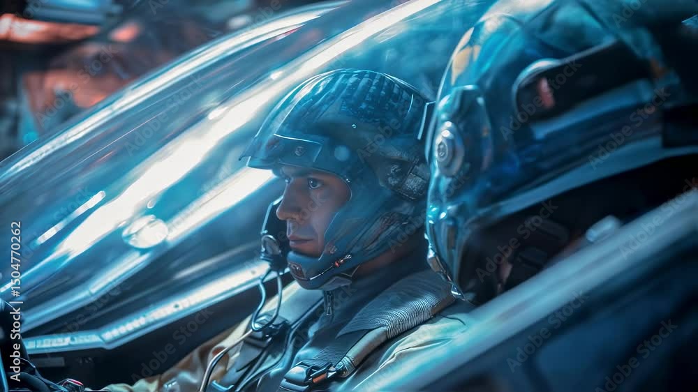 Poster spaceship pilots wearing advanced helmets navigating alien planet surface with focused determination