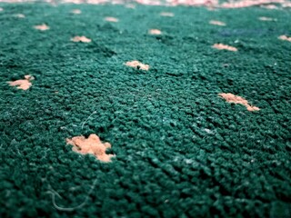 The surface of green carpet, looks rough but soft to the touch.