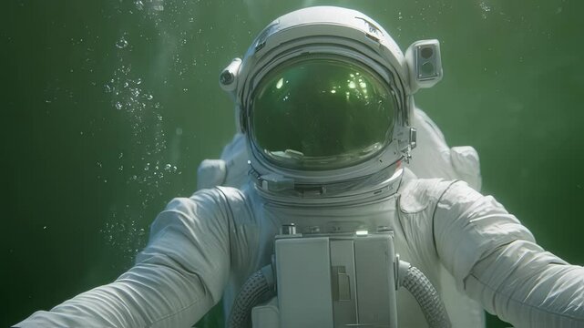 Astronaut experiencing weightlessness while floating in green water, simulating zero gravity conditions during space exploration training at neutral buoyancy laboratory