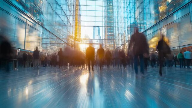 Urban flow motion blur capturing rush hour commuters in modern city