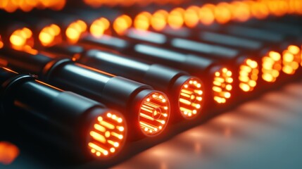 Close up view of digital tech components with illuminated led lights creating a futuristic atmosphere