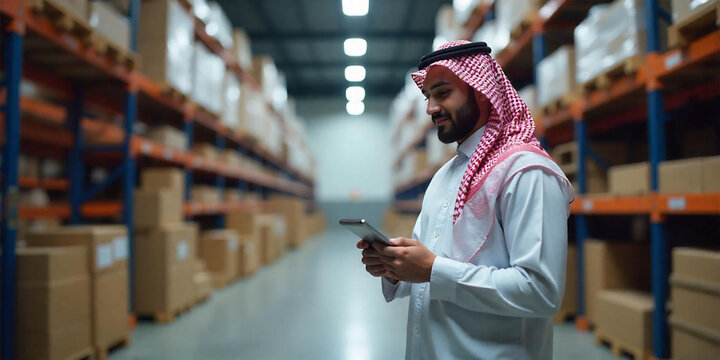 A Saudi Arabian businessman wearing Arab clothing and holding a tablet stands in a warehouse surrounded by many stored boxes.