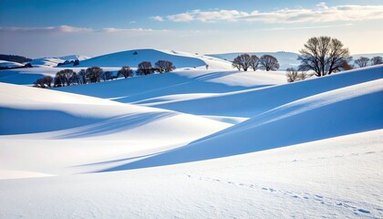 Snow-covered countryside landscape with soft blue shadows, bare trees, and distant hills, peaceful and isolated winter setting