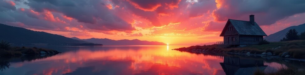 Naklejka premium Burning sky reflects on the waters near the Pigeon House , postcard, golden hour, photo