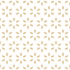 Fototapeta na wymiar Vector floral seamless pattern. Abstract golden minimalist geometric ornament with flowers in oriental style, diamonds, stars. Simple white and gold background. Subtle texture. Repeating geo design