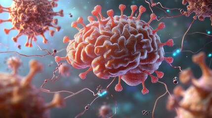 Human brain surrounded by virus-like nodes and electric lines, covid, neurological impact representation. 