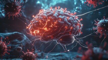 Human brain surrounded by virus-like nodes and electric lines, covid, neurological impact representation. 
