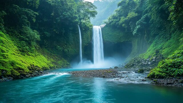 Breathtaking waterfall cascade amidst lush tropical greenery in a pristine setting