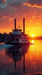 Fototapeta premium Sternwheeler on Mississippi sunset, golden light reflecting on water, midwest, evening, twilight