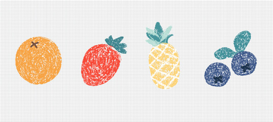 Easy edit childlike Crayon Fruit Drawings Orange, Strawbberry, pineapple and bluebarry drawn with chunky, vibrant strokes