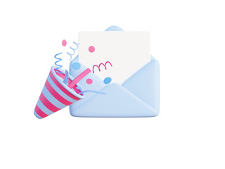 3D party popper and envelope for subscription, festive invitation, greetings, and celebration events