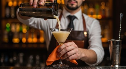 Expert bartender crafting a creamy cocktail, pouring into a martini glass with flair