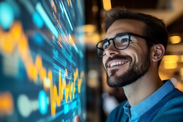 Happy Analyst Reviewing Data on Interactive Display