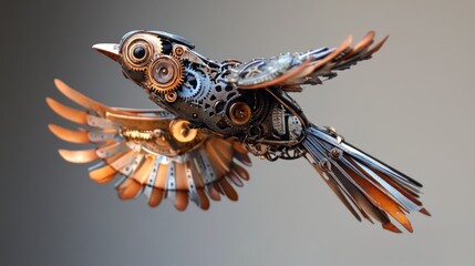 Intricate steampunk avian creation soars with metallic precision and ingenuity