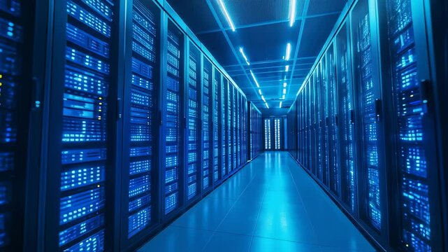 Modern data center with rows of server racks and blue neon lights glow