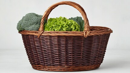 Dark-brown wicker market basket filled with fresh produce.