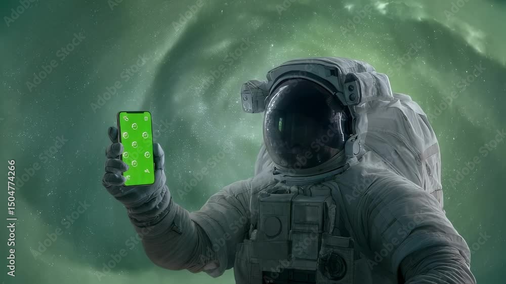 Poster futuristic astronaut floating weightlessly in deep space, holding smartphone with green screen displ