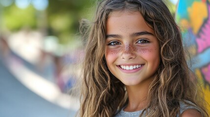 Obraz premium Joyful girl with curly hair and freckles smiling outdoors in sunlight
