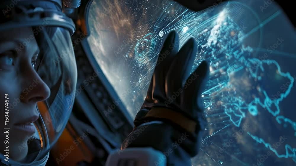 Poster female astronaut exploring distant galaxy through spaceship window, analyzing holographic projection