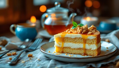 Russian medovik cake with cup of tea and warm lighting