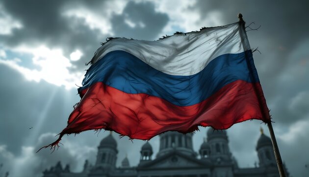 Waving Russian flag over cathedral on cloudy day - Powered by Adobe