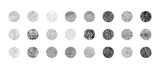 Set of isolated vector black grunge hitting and stroking textured ink pen round shapes. Unique squiggle scratched hand drawn curve texture circles collection for graphic design, patterns