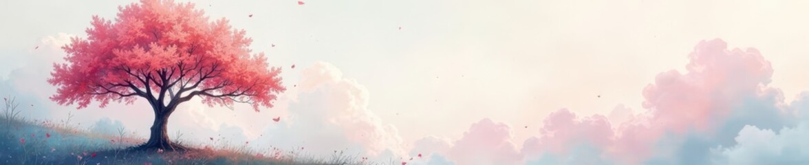 Whimsical hand-painted tree & cloud wallpaper  Delicate brushstrokes, soft pastel hues ,  spring,  print,  textile design