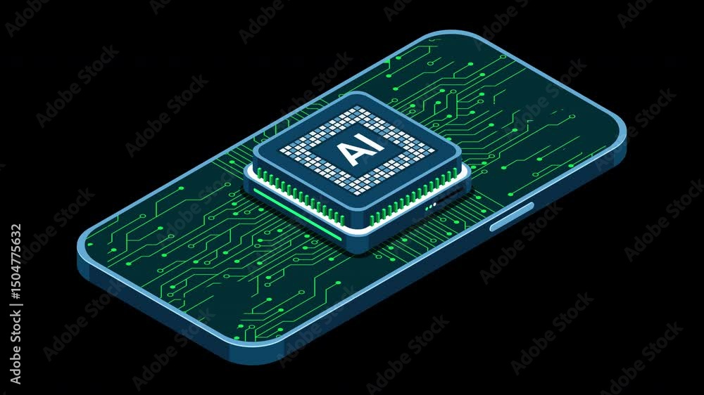 Poster isometric smartphone with ai animation. artificial intelligence and smartphone concept. smartphone w