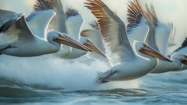 Majestic pelicans gliding over ocean water, breathtaking flight formation
