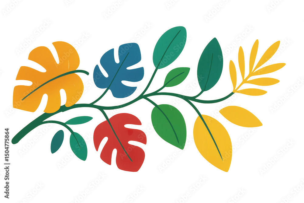 Poster vibrant, multicolored tropical leaves are growing on a branch, creating a cheerful and exotic design