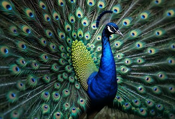 Obraz premium Close-up of a Majestic Peacock's Feathered Glory. Generative Ai